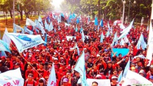 Ilustrasi demo buruh May day Fiesta yang akan digelar hari ini, diprediksi akan diikuti oleh 60 ribu buruh di Gelora Bung Karno Jakarta.