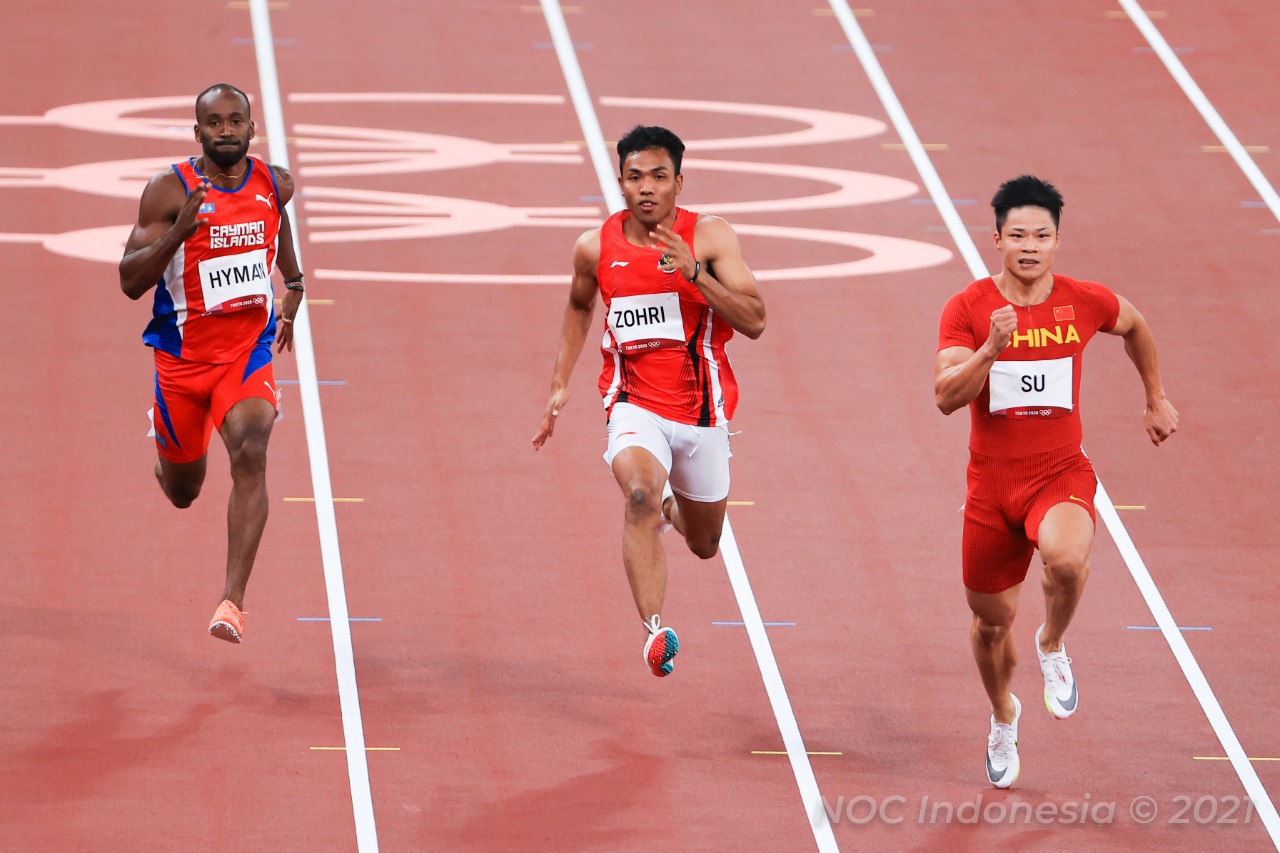 Sprinter muda andalan Indonesia Lalu Muhammad Zohri beradu cepat pada ajang cabor atlettik sprint 100 m putra Olimpiade Tokyo 2020