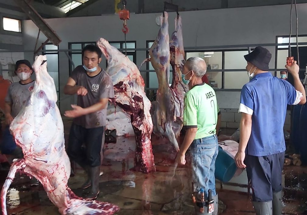 Pencacahan daging hewan kurban yang telah disembelih di Rumah Potong Hewan (RPH) Parongpong, KBB.