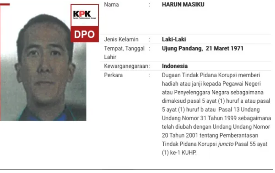 Foto Harun Masiku yang dipajang di daftar buronan KPK. Foto/Ilustrasi: kpk.go.id.
