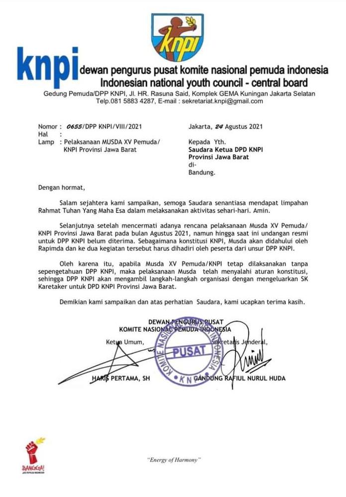 Surat pemberitahuan dari DPP KNPI untuk DPD KNPI Jabar