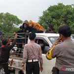 Polisi mengangkut belasan Bonek dari area Stadion Wibawa Mukti Cikarang, Kabupaten Bekasi, Jawa Barat. (ANTARA/Pradita Kurniawan Syah).