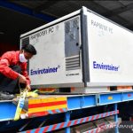 Petugas mengecek kontainer berisi vaksin COVID-19 AstraZeneca yang tiba di Bandara Soekarno-Hatta pada Rabu (1/9/2021). ANTARA/HO-Kemkominfo