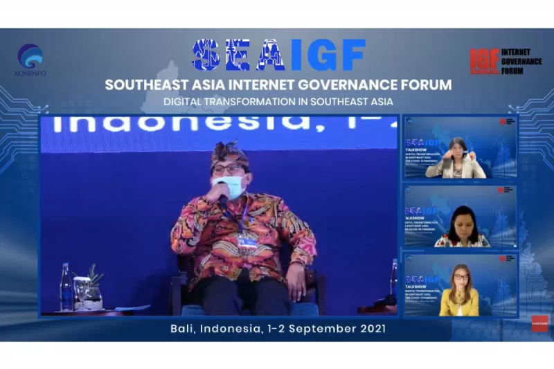 Direktur Jenderal Sumber Daya dan Perangkat Pos dan Informatika, Kementerian Komunikasi dan Informatika, Ismail, saat salah satu diskusi di SEA IGF 2021, Rabu (1/9/2021). (ANTARA/Tangkapan layar) kominfo 5g