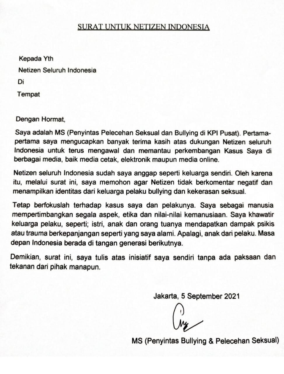 Surat terbuka korban pelecehan seksual di KPI. (Istimewa)