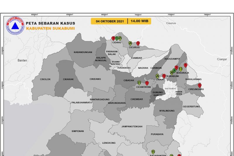 Peta perkembangan kasus COVID-19 di Kabupaten Sukabumi, Jabar, Selasa (5/10). (ANTARA/HO-Satgas Percepatan Penanganan COVID-19 Kabupaten Sukabumi)