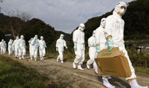 Petugas berpakaian pelindung berjalan menuju peternakan unggas untuk menyelidiki kasus dugaan flu burung di Higashikagawa, Jepang barat, dalam foto yang diambil oleh Kyodo, 8 November 2020. (ANTARA/Kyodo via Reuters/as)