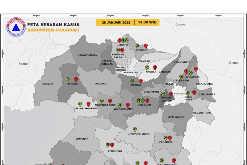 Peta perkembangan sebaran kasus COVID-19 di Kabupaten Sukabumi, Jabar pada Jumat, (28/1). Antara/HO/ Satgas Percepatan Penanganan COVID-19 Kabupaten Sukabumi