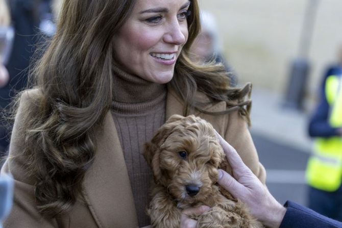 Kate Middleton Tampil Matching Pakai Gaun Cokelat sambil Gendong Anak Anjing. (jawapos/istimewa)