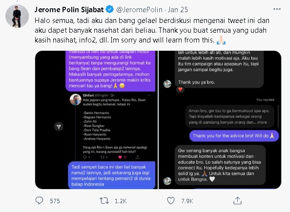 Tangkapan layar cuitan permintaan maaf Jerome Polin di Twitter.