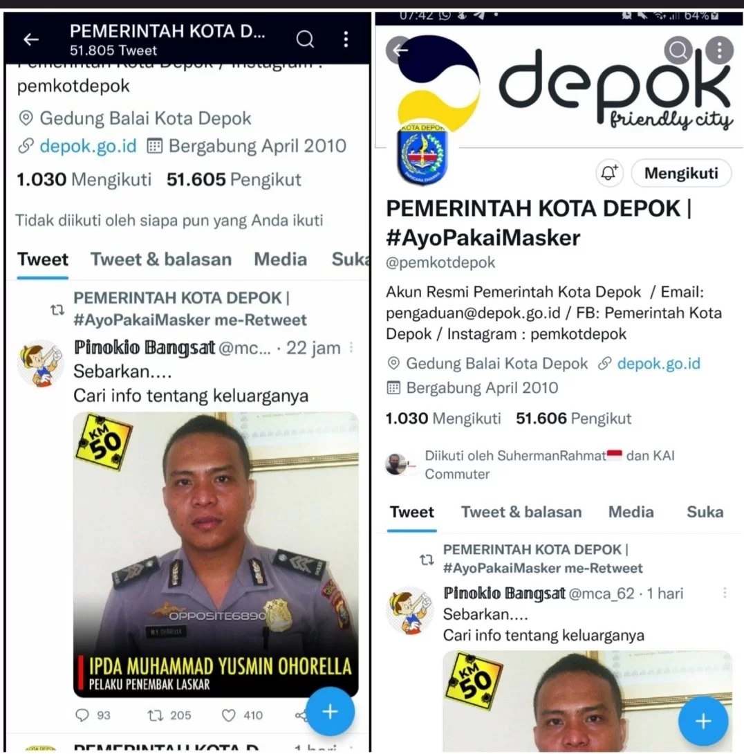 Akun resmi Twitter Pemkot Depok meretweet Kasus KM50. (Foto: twitter/fin)