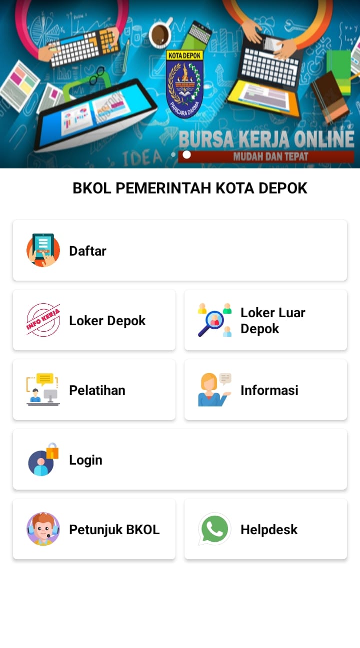 Tampilan aplikasi BKOL Depok setelah dibuka