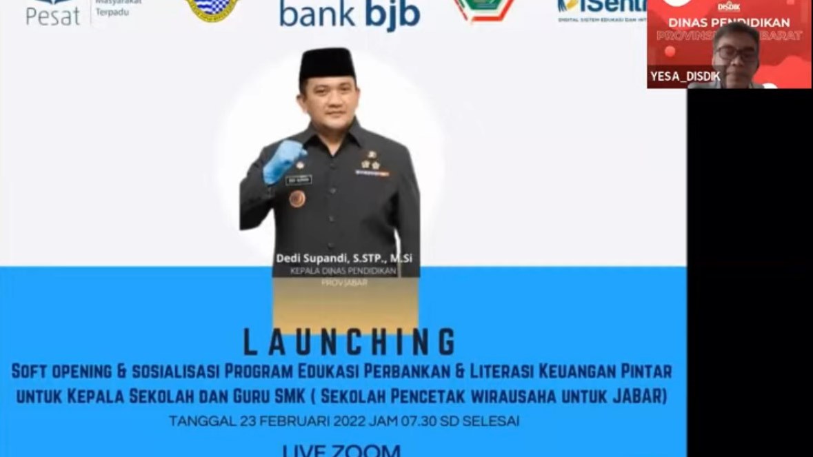 Disdik Jabar kolaborasi bank bjb mengedukasi perbankan Sekolah Pencetak Wirausahawan di Jabar melalui kegiatan zoom, Rabu (23/2/2022).