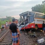 Warga melihat kondisi bus yang ringsek usai tertabrak kereta api Rapih Dhoho di Ketanon, Tulungagung, Minggu (27/2/2022) pagi. ANTARA/HO-warganet.