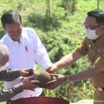 Gubernur Jawa Barat, Ridwan saat menyerahkan tanah dan air dari 27 tempat di Jabar pada Presiden Jokowi Panajam Paser Utara, pada Senin pagi (14/3).