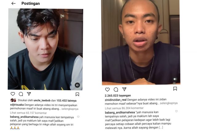 Komentar Andika Kangen Dand dalam dua postingan minta maaf yang diunggah Tri Suaka dan Zidan. (pojoksatu)