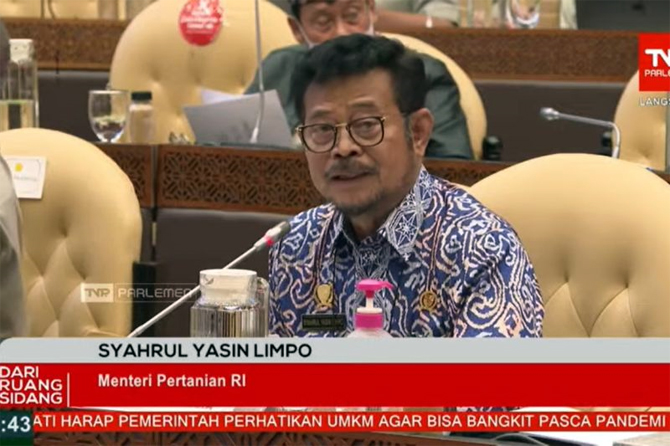 TANGKAPAN LAYAR: Menteri Pertanian Syahrul Yasin Limpo pada raker mengenai penyakit kuku dan mulut (PMK) di Komisi IV DPR RI Jakarta, Senin (23/5). (Antara)