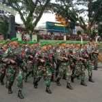 Satuan Tugas Pengamanan Daerah Rawan Papua Yonif 315/Garuda saat tiba di gerbang Markas Yonif 315/Garuda, Gunung Batu, Kota Bogor, Rabu (29/6). (Yudha Prananda)