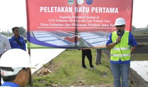 BATU PERTAMA: Kepala Dinas Kelautan dan Perikanan Provinsi Jawa Barat, Ir. Hermansyah, M.Si melakukan peletakan batu pertama pekerjaan Rehabilitasi Tambak di UPTD PAPLWU Karawang, Rabu (20/7/2022)
