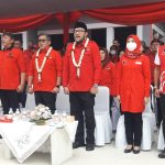 KOMPAK: Sekjend PDIP Hasto Kristiyanto didampingi Ketua DPD PDIP Jabar Ono Surono dan Ketua DPC PDIP Kota Bandung Achmad Nugraha saat peninjauan Bumi Marhaenis, Senin (11/7).