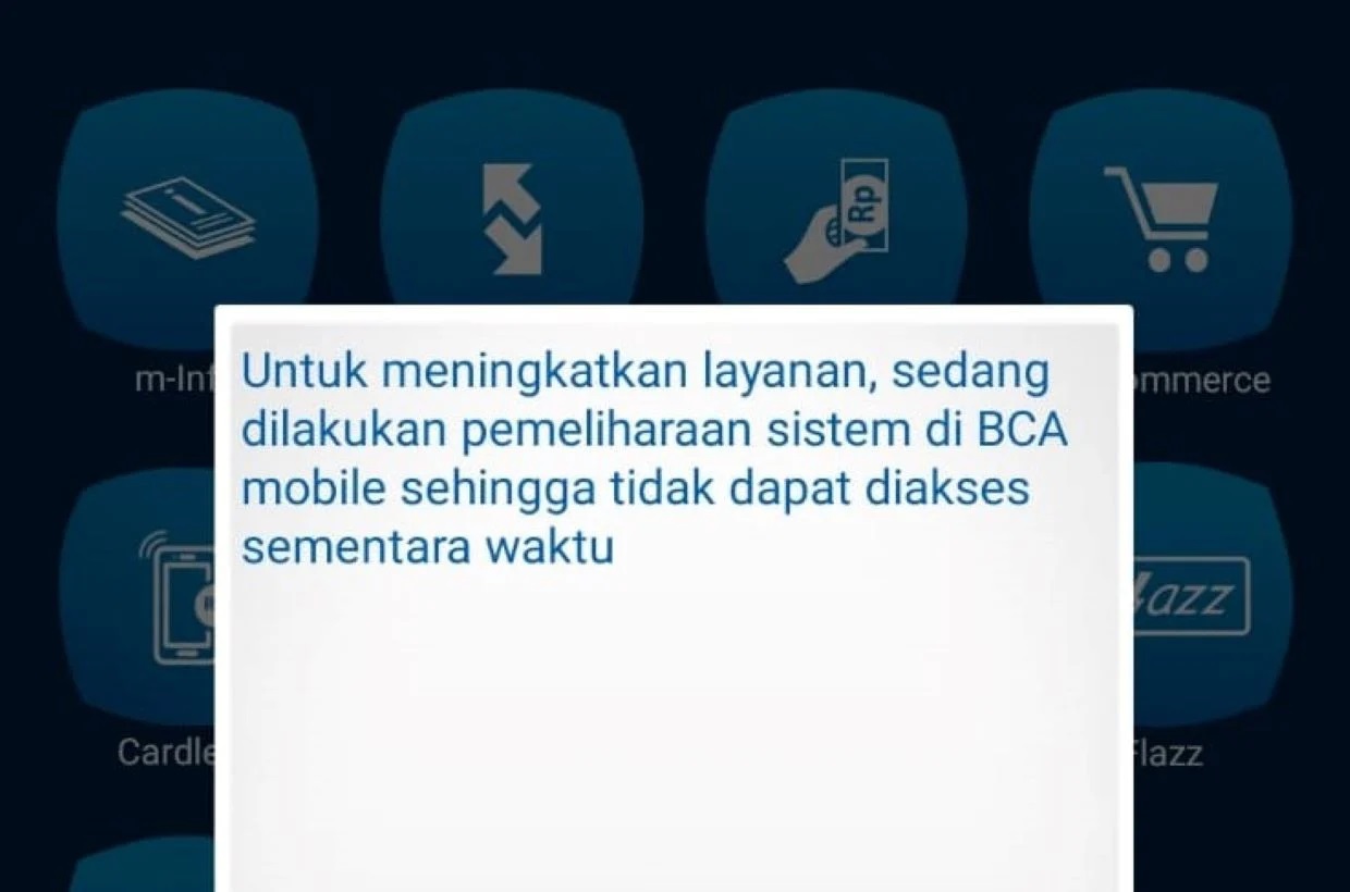 Tampilan layar M-Banking BCA yang mengalami Error. hingga tak bisa diakses untuk transaksi.