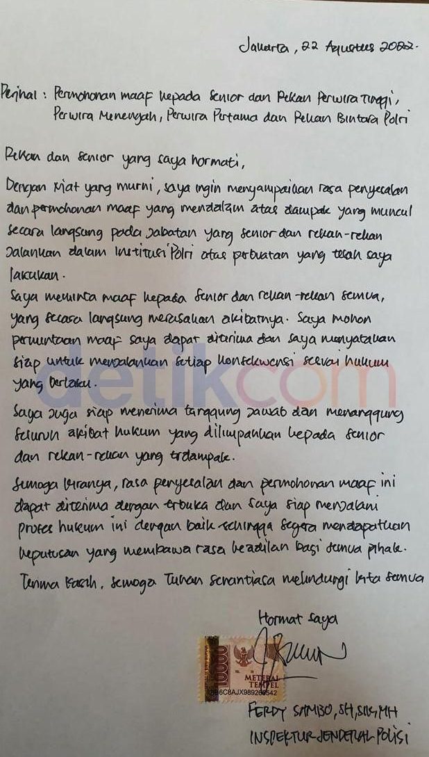 Surat permintaan maaf Irjen Ferdy Sambo (Dok. Istimewa)