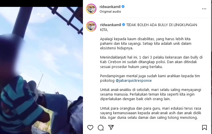 Unggahan Gubernur Jawa Barat terkait bullying yang menimpa anak SLB di Cirerbon. (instagram @ridwan kamil)