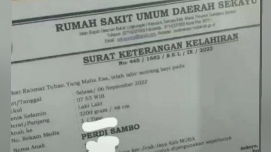 Surat keterangan kelahiran atas nama bayi Perdy sambo yang terinspirasi dari nama Ferdy Sambo. (linggau pos)