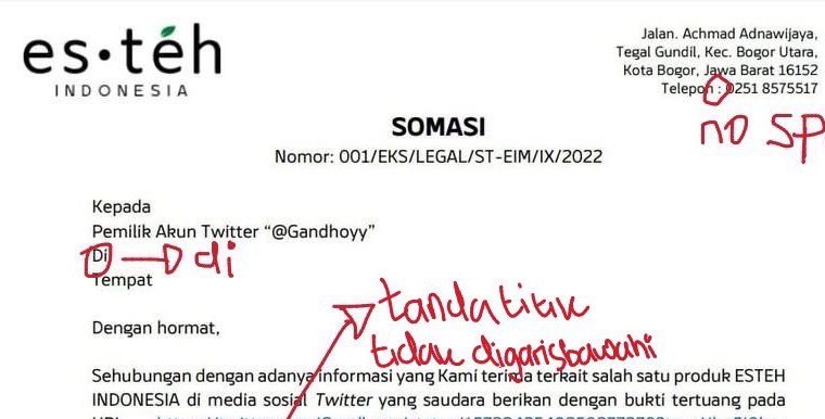 Viral Penulisan Surat Somasi dari Tim Legal Es Teh Masih Berantakan
