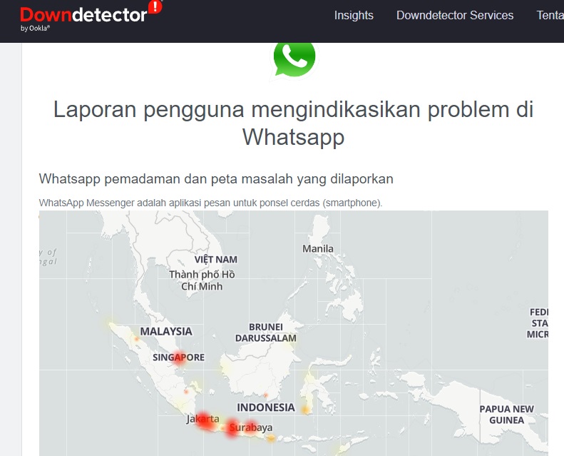 Bagas status situs downdetector yang mendeteksi adanya gangguan WhatsApp down hari ini.