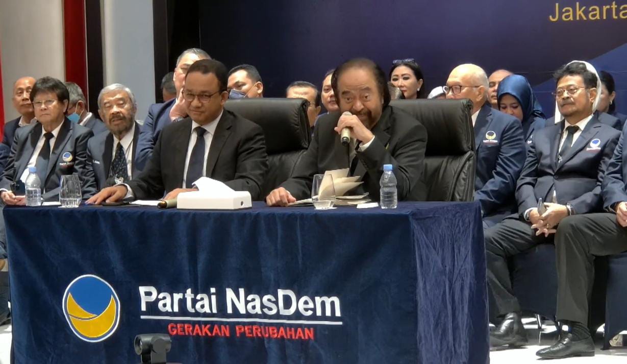 Ketua Umum Parta NasDem Surya Paloh ketika mengumumkan Anies Baswedan sebagai Bakal Capres yang diusung Partai NasDem untuk maju pada Pilpres 2024.