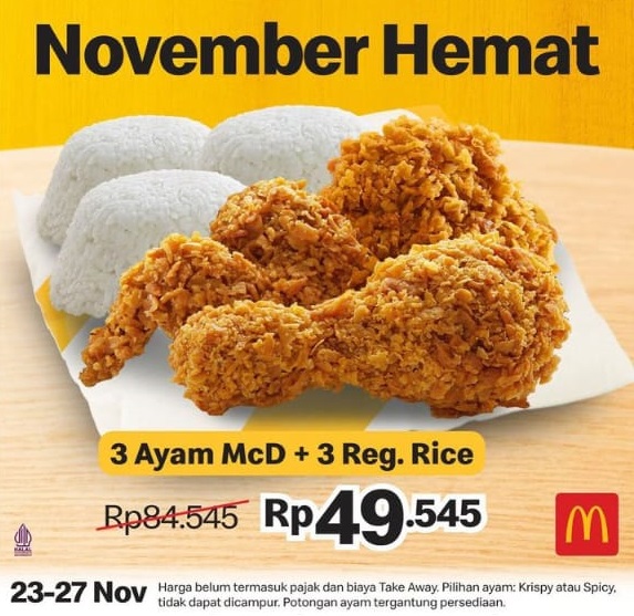 Promo Terbaru McD November Hemat Hanya Rp49.545 dapat 3 Ayam + 3 Nasi