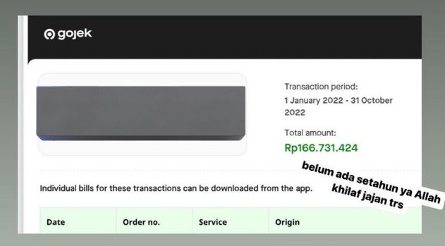 Salah satu unggahan netizen mengenai cara hitung transaksi Gojek selama setahun.