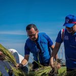Menteri Perdagangan, Zulkifli Hasan didampingi Wali Kota Bogor, Bima Arya dan jajaran saat memotong padi organik di AEWO Mulyaharja, Kota Bogor, Sabtu (14/1). (Yudha Prananda / Jabar Ekspres)