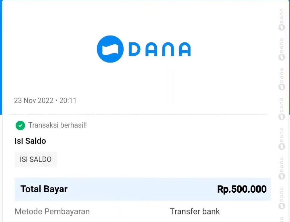 Bukti pembayaran saldo DANA gratis Rp 500 ribu yang langsung masuk ke aplikasi DANA.