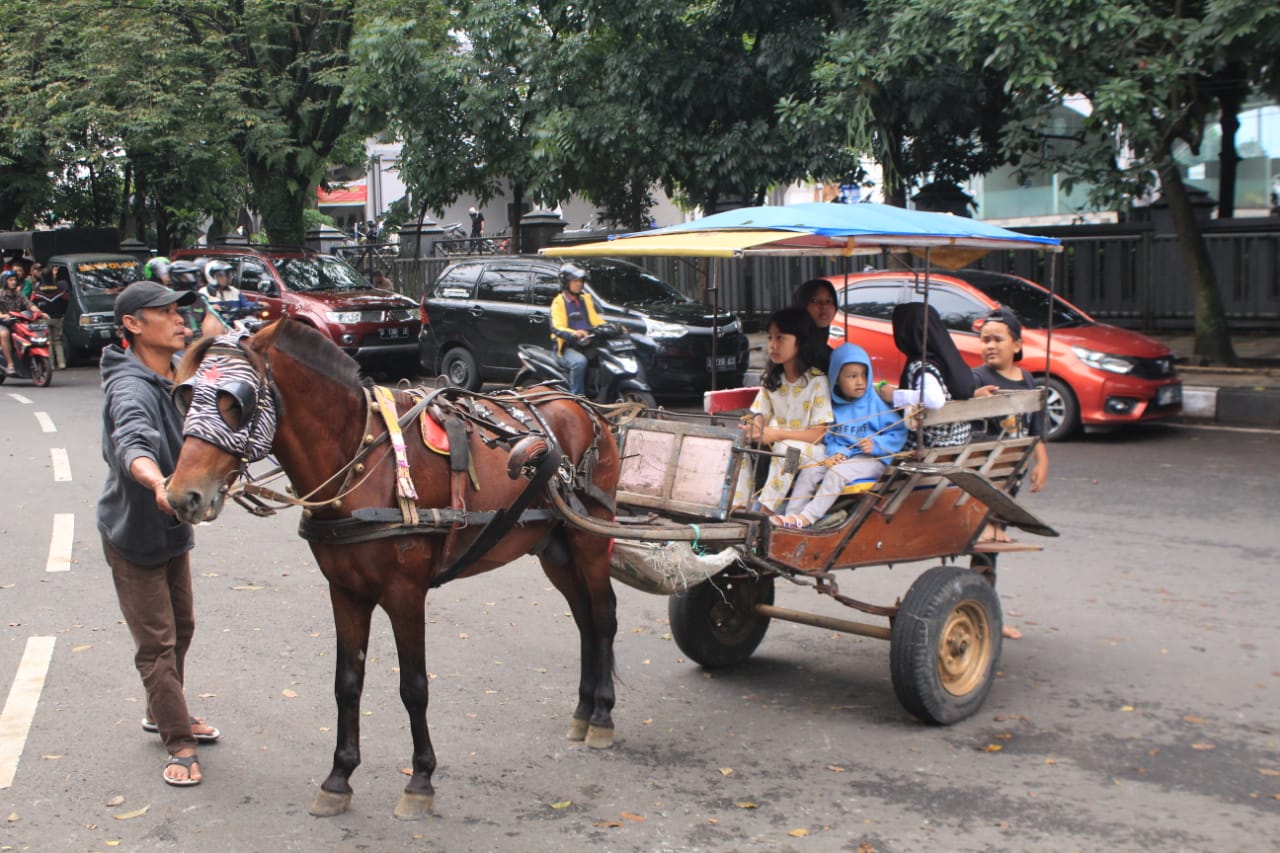 Masyarakat menikmati jasa wisata kuda tunggang dan delman sembari ngabuburit di kawasan Masjid Pusdai. (HENDRIK MUCHLISON/JABAR EKSPRES)