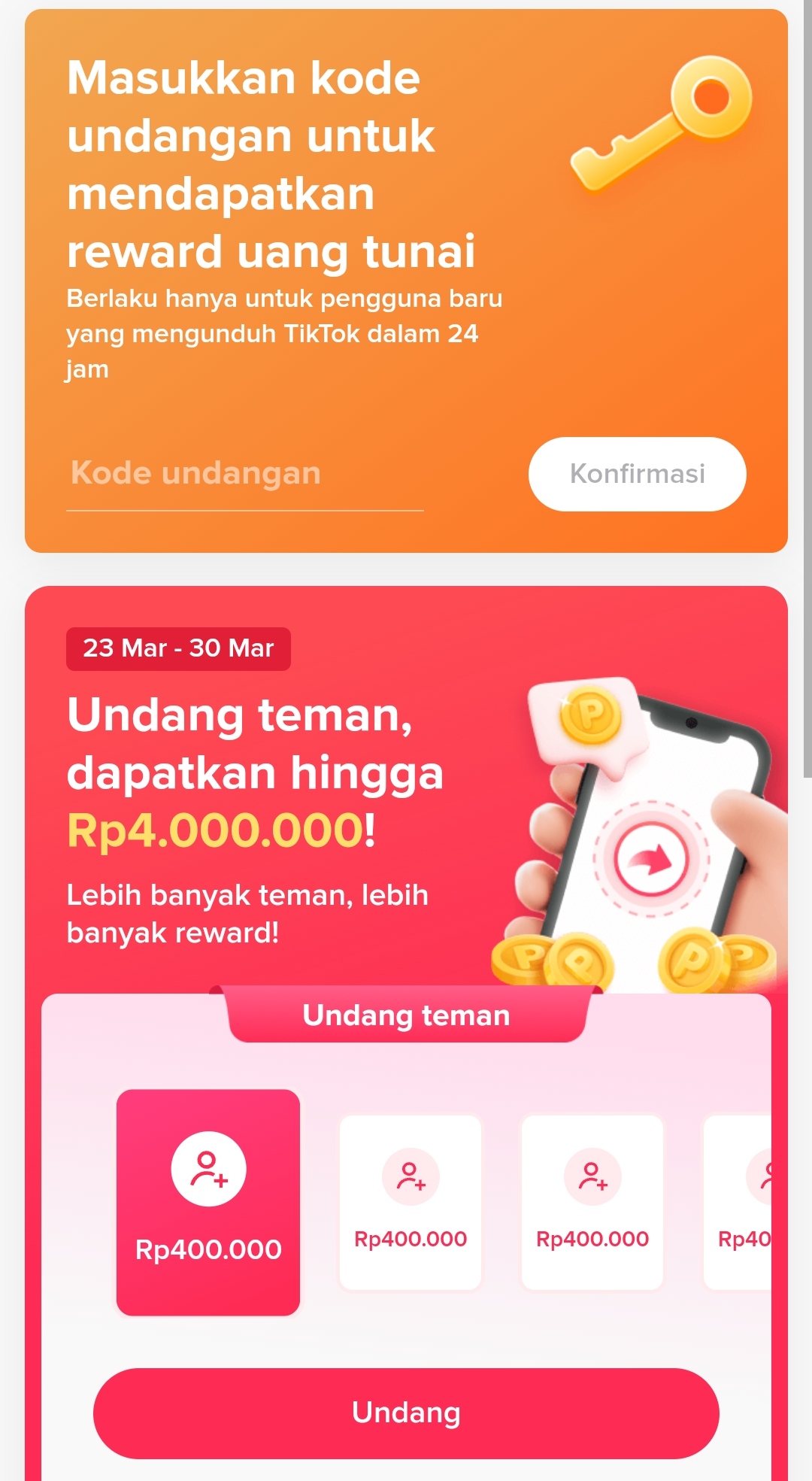 Promo Undang Teman TikTok untuk Dapat Uang/ Tangkap Layar Aplikasi TikTok
