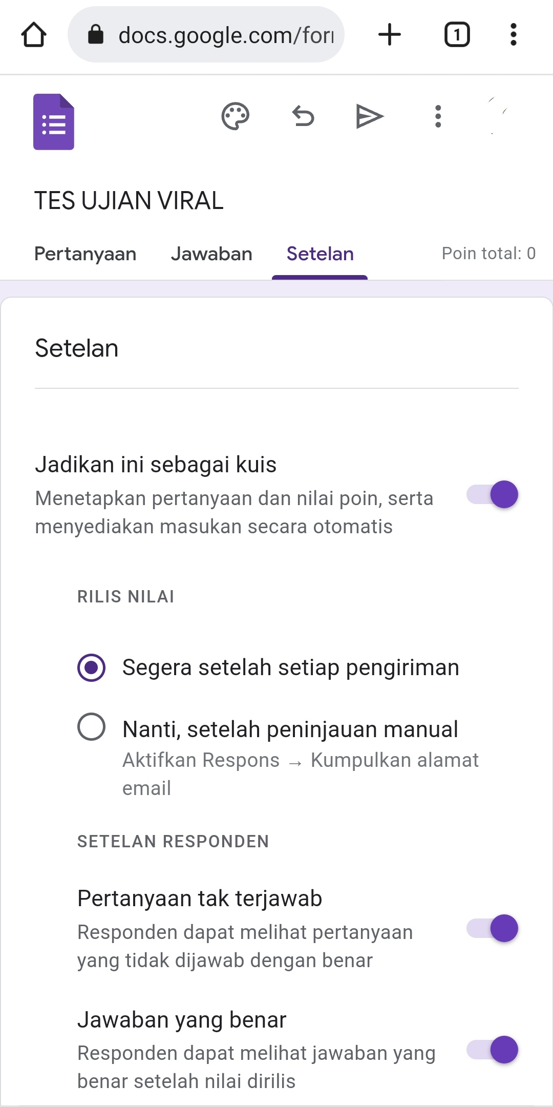 Pengaturan kuis di Google Form/ Tangkap Layar Google Form