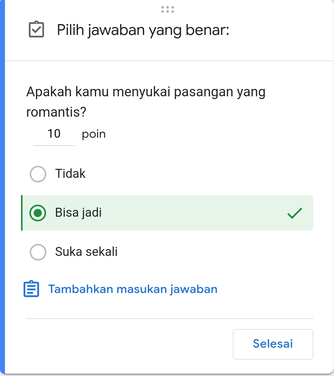 Pengaturan Jawaban Benar/ Tangkap Layar Google Form