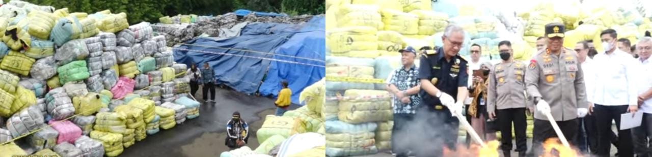Pemerintah melalui Polri dan Bea Cukai Kemenkeu telah memusnahkan pakaian bekas impor senilai Rp80 miliar. Tangkap layar YouTube/Kanal Bea Cukai TV.