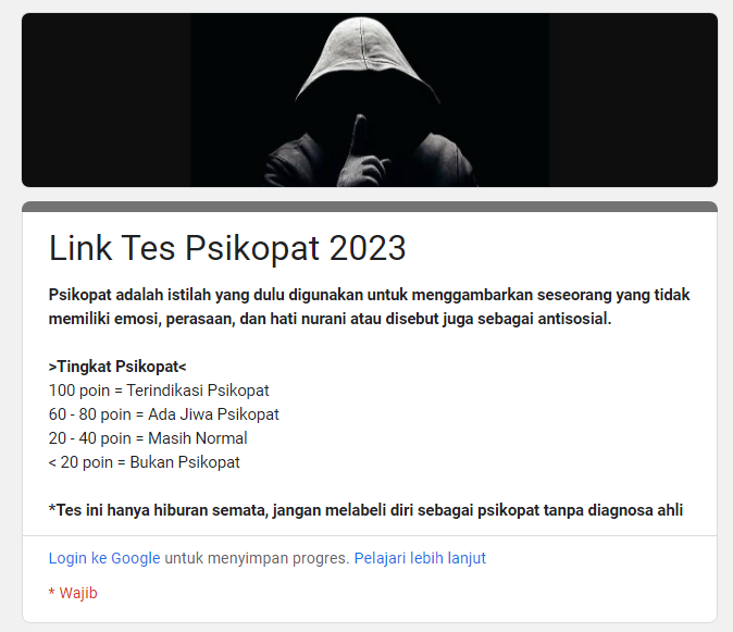 Tangkapan Layar Link Tes Psikopat 2023 Google Form