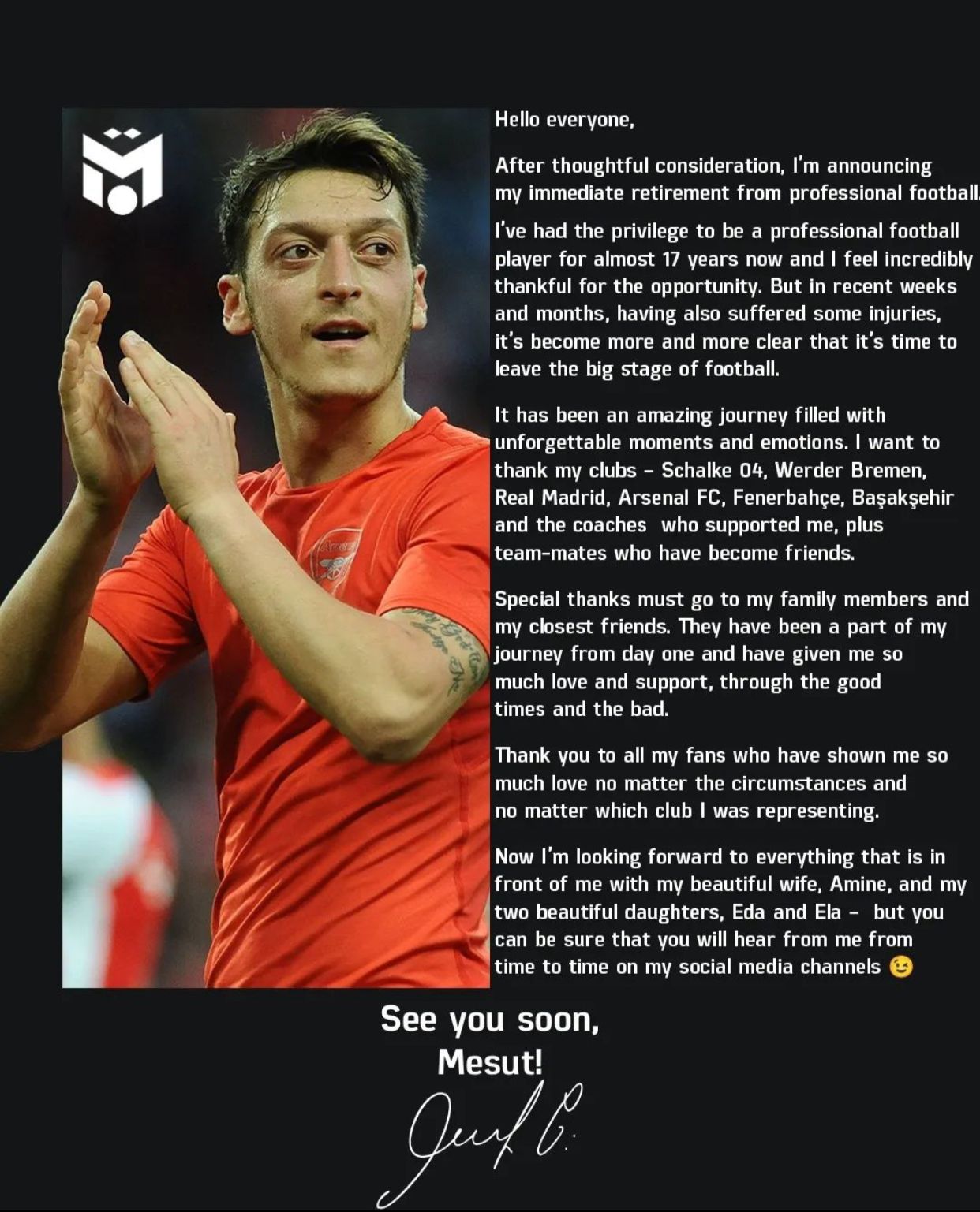 Mesut Ozil Umumkan Pensiun Dari Dunia Sepak Bola, Melalui Akun Instagram Miliknya! (Instagram: @m10_official)