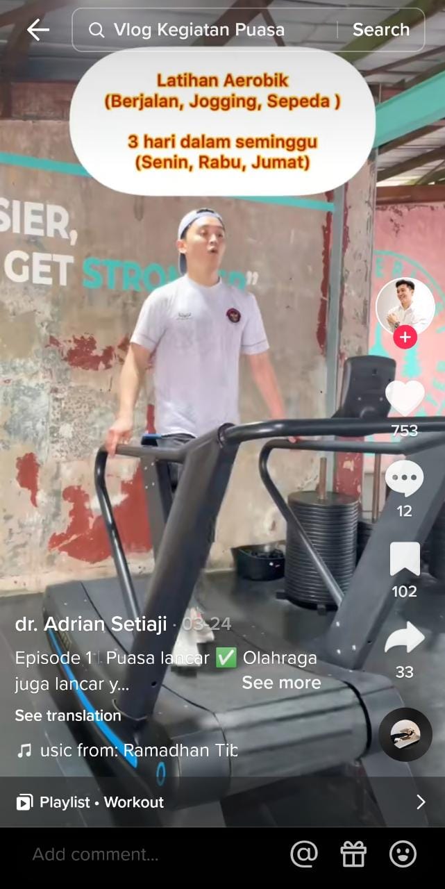 Lewat tagar #SerunyaBelajarBareng, kreator sekaligus dokter dr. Adrian Setiaji (@doktermedok) berbagi tips jitu untuk memilih waktu dan jenis olahraga yang tepat saat berpuasa. / TikTok