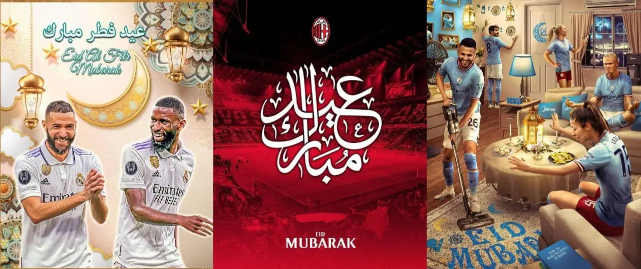 Sejumlah klub sepak bola dari Real Madrid hingga Machester City mengucapkan selamat Hari Raya Idul Fitri pada para fans muslim. Kolase Instagram/@realmadrid, @acmilan, dan @mancity.