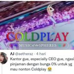 Unggahan karyawan kantor yang mendapat pinjaman utnuk beli tiket konser Coldplay. (twitter)