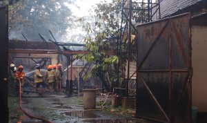 Petugas Diskar PB Kota Bandung tengah sibuk padamkan api yang menghanguskan bangunan rumah milik Dinas Perum Perhutani di Jalan Tasikmalaya, Kota Bandung. (YANUAR/JABAR EKSPRES)