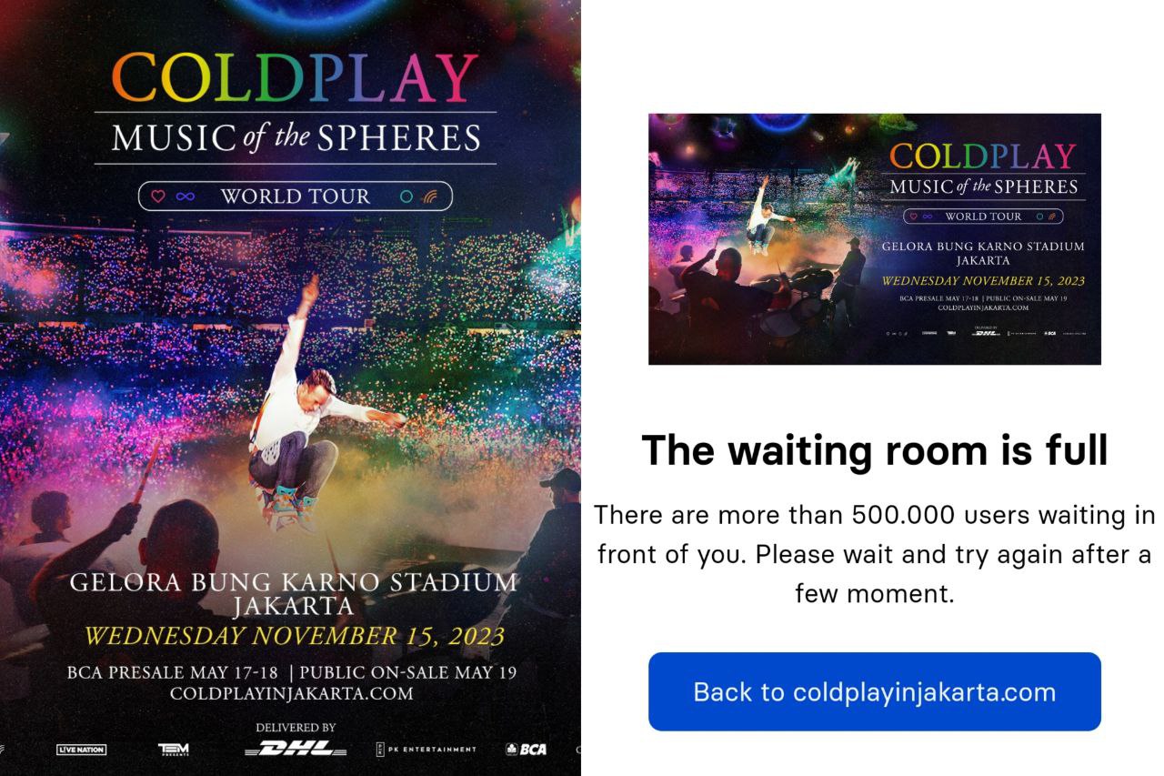 Antrean pembelian tiket presale konser Coldplay Jakarta 2023 dikabarkan sudah melebihi 500.000 pengguna padahal belum sampai 10 menit. Kolase foto Instagram/@tmgmt dan coldplayinjakarta.com