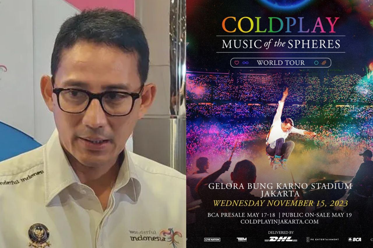 Menteri Pariwisata dan Ekonomi Kreatif, Sandiaga Uno tanggapi isu konser Coldplay Jakarta 2023 yang akan digelar satu hari lagi. Kolase ANTARA/Sinta Ambarwati dan Instagram/@coldplay.