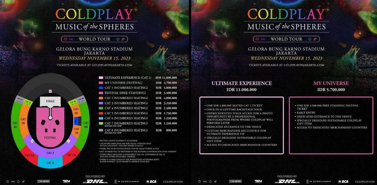 Promotor resmi merilis harga tiket nonton konser Coldplay yang akan digelar di Jakarta dan mencapai Rp11 juta begini fasilitasnya. Instagram/@temgmt.