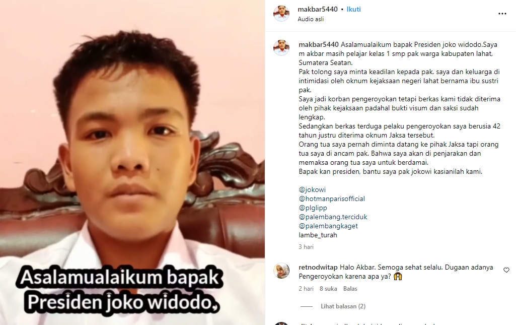 Tangkapan layar video pelajar dilahat yang minta keadilan pada Presiden Jokowi. (instagram @Makbar5440)